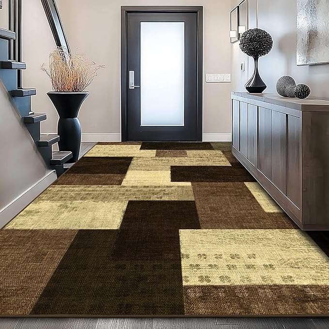 Modern Geometric Patchwork Indoor Area Rug for Living Room, Warm Taupe 4x6 Large Rug Rockwood Collection Hardwood Floors Decor for Bedroom, Taupe Throw Carpet for Office Entryway Dining Room
