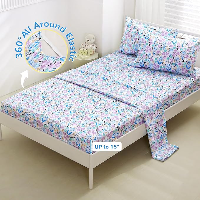 Viviland 4 Pieces Girls Purple Floral Full Sheet Set - Soft Microfiber Fitted Flat Sheets & Pillowcases - Purple Colorful Flower Print Bedding Sets - for Kids & Toddlers