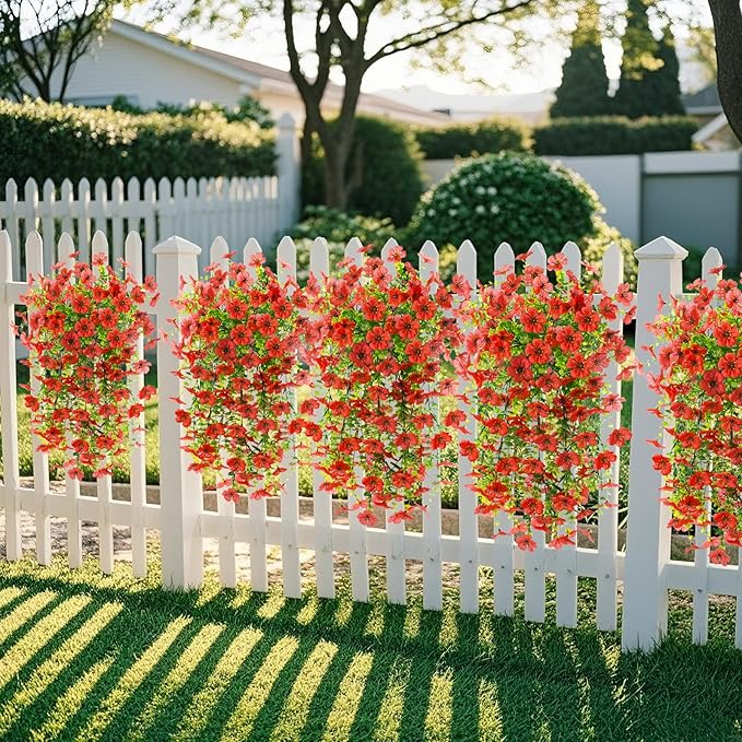 Homsunny Artificial Fake Hanging Flowers Plants for Outdoor Spring Decorations, 2PCS Faux Daisy Silk Flower Outside No Fade UV Resistant Realistic Home Decor for Porch Patio Window Box (ChujuDH-Red