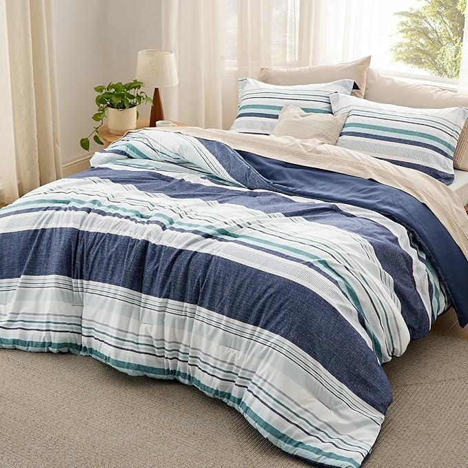 Bedsure Twin/Twin XL Comforter Set - Twin Extra Long Comforter Set for Boys, Striped Dorm Bedding, 2 Pieces, 1 Soft Reversible Blue Comforter and 1 Pillow Sham