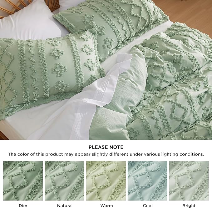 Bedsure Boho Duvet Cover Queen Size, Soft & Comfortable Elegant Design Boho Bedding for Decoration, Machine Washable Comforter Cover for All Seasons,Includes 1 Duvet Cover & 2 Pillow Shams,Light Green
