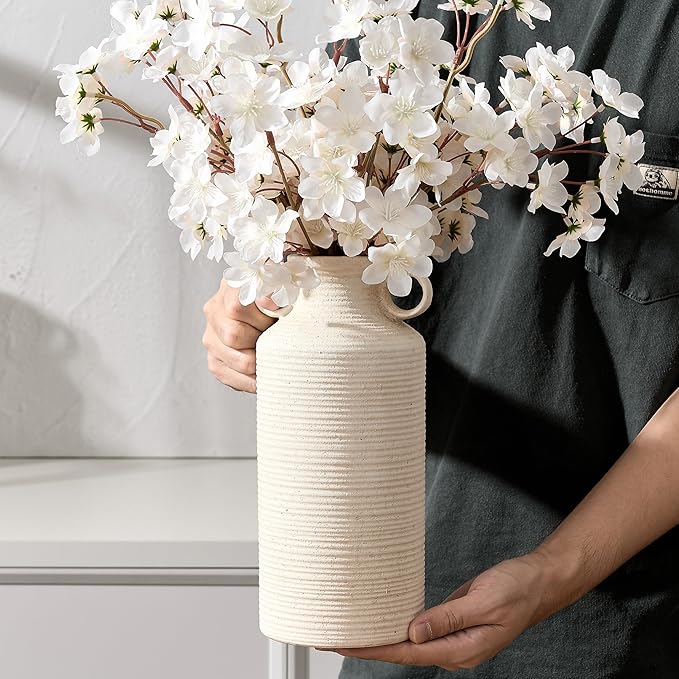 Ceramic Rustic Vase with 2 Round Handles, Antique Farmhouse Flower Vase, Vintage Terracotta Vases for Home Decor, Wedding, Living Room, Table, Shelf Decor - 10.2 Inch Tall, White