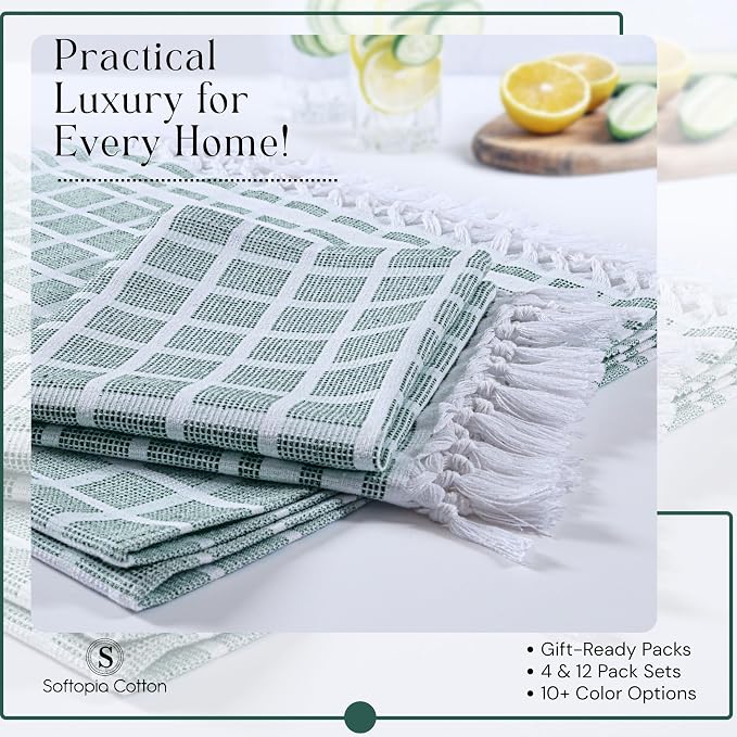 Matrix Dobby Kitchen Towels 12 Pack, 100% Cotton, 16x26 Inches, Reusable Dish Towels with Handmade Tassels, Washable Absorbent Tea Cloths for Cleaning, Cooking - Forest Green, White