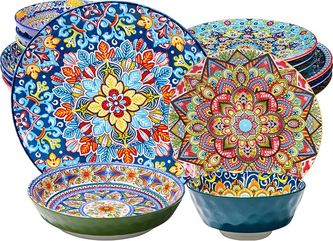 Plates and Bowls Set, Service for 4, 16 Pieces Ceramic Dinnerware Set, Microwave and Dishwasher Safe, Scratch Resistant, Bohemian Style Plates Set for Salad, Pasta, Dessert, Appetier