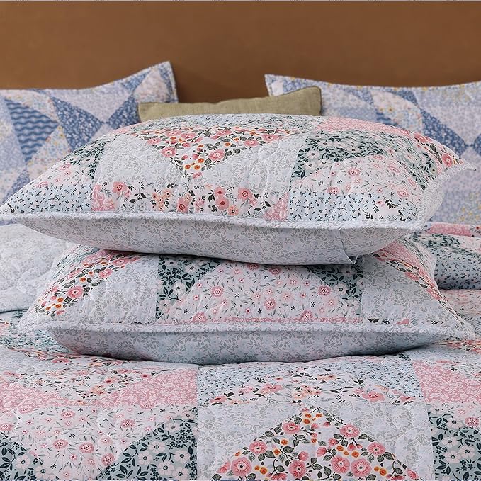 Quilt Set Queen Size, Patchwork Pink Floral Quilt Sets, Reversible Bedspread Lightweight and Breathable for All Seasons, Soft Quilted Bedspread with 2 Pillow Shams