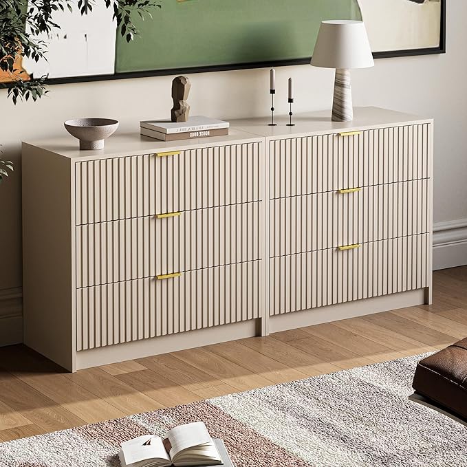 3-Piece Dresser Bedroom Set, 6 Drawer Dresser & 3 Drawer Nightstands with Gold Handles, Fluted Wood Chest of Drawers for Bedroom, Living Room, Entryway, Beige