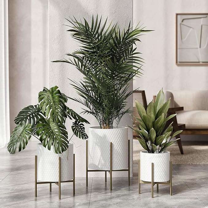 EverNest Claire Mid-Century Modern White Planter and Stand, Indoor Plant Pot, SelectBase, Minimalist Aesthetic, Home Decor for Plants - (Gold Base, Large)
