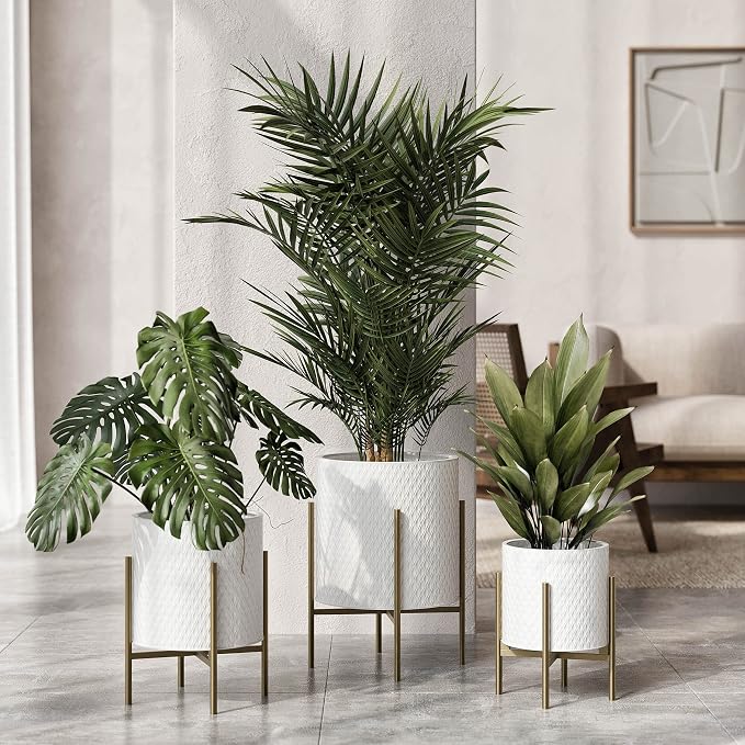 EverNest Claire Mid-Century Modern White Planter and Stand, Indoor Plant Pot, SelectBase, Minimalist Aesthetic, Home Decor for Plants - (Gold Base, Small)