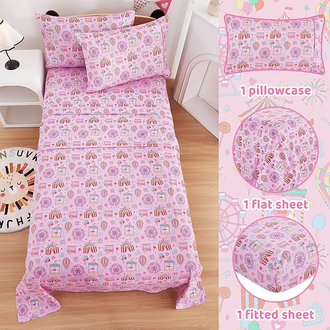 Viviland 3 Pieces Girls Pink Amusement Park Twin Sheet Set - Soft Microfiber Fitted Flat Sheets & Pillowcase - Kids Skyscraper Wheel Print Bedding Sets - for Kids & Toddlers