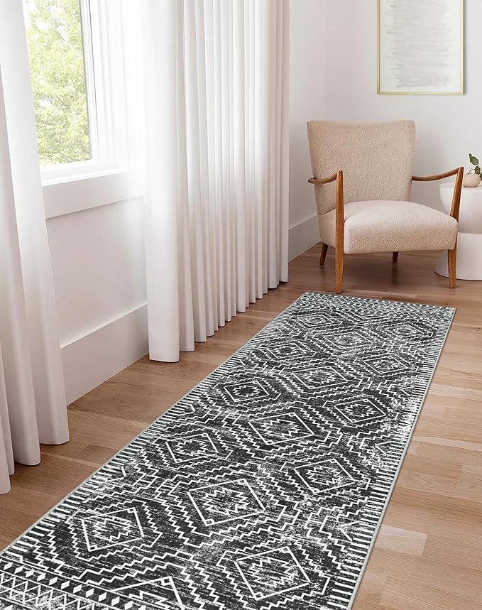 Wonnitar Moroccan Hallway Runner Rug 10 ft, Machine Washable 2'6"x10' Long Runner Rugs for Kitchen, Boho Non-Skid Soft Low Pile Carpet Runner for Entryway Hall Entrance (Dark Grey,2'6"x10')