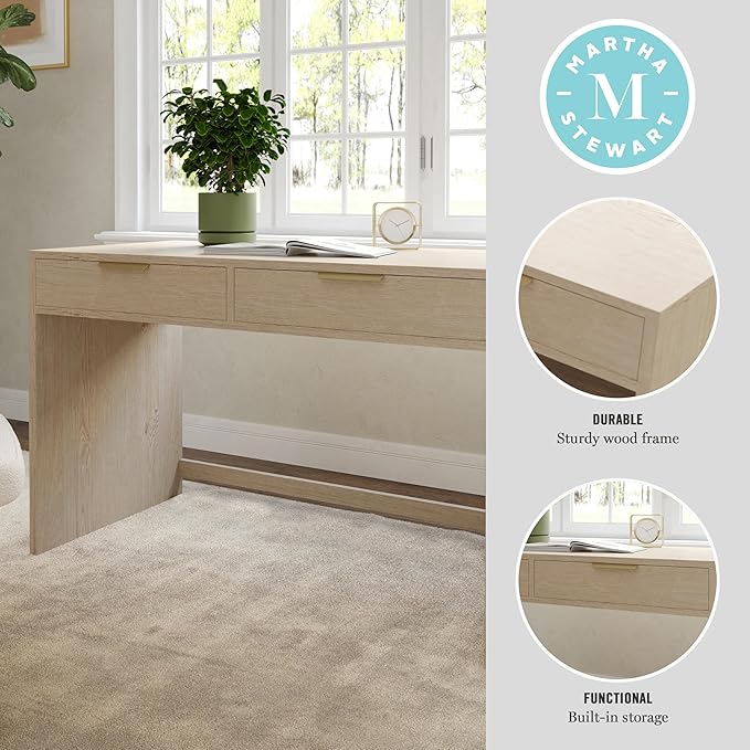 Martha Stewart Kayden Home Office Modular Desk with 2 Drawers in Light Natural with Brushed Gold Hardware