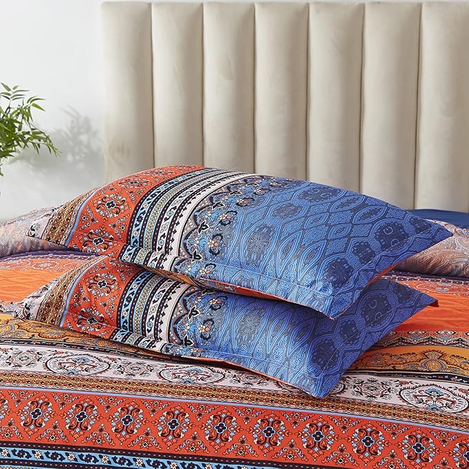 Cottolester Boho Comforter Set Queen Size 8 Piece Bed in a Bag Burnt Orange Paisley Fall Comforter and Sheet Set Bohemian Striped Bedding Set,Soft Microfiber Complete Bedding Set