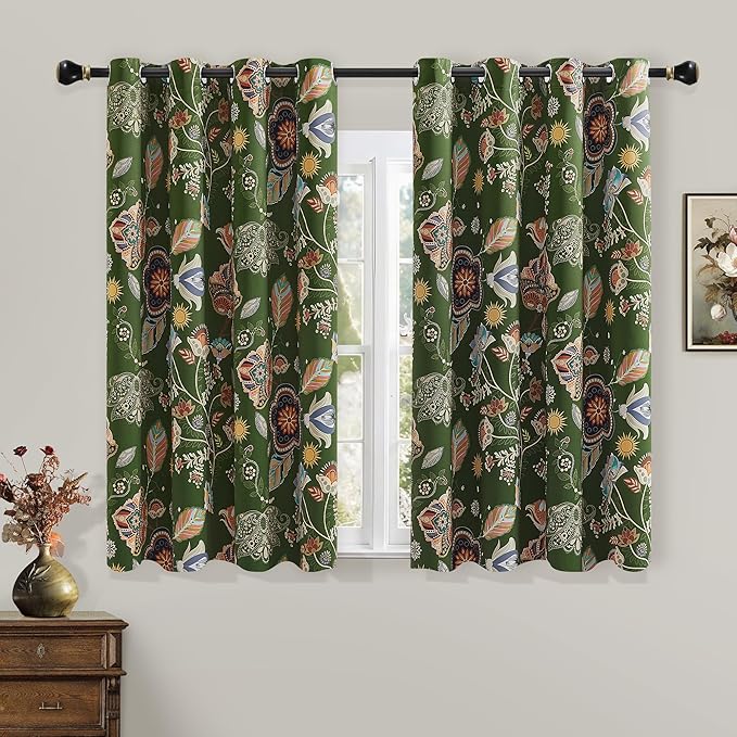 XiDi Green Floral Curtains 63 Inches Long 2 Panels Vintage Patterned Blackout Curtains for Bedroom Living Room Thermal Insulated Grommet Luxury Cottage Core Botanical Printed Drapes Moss Green 52x63