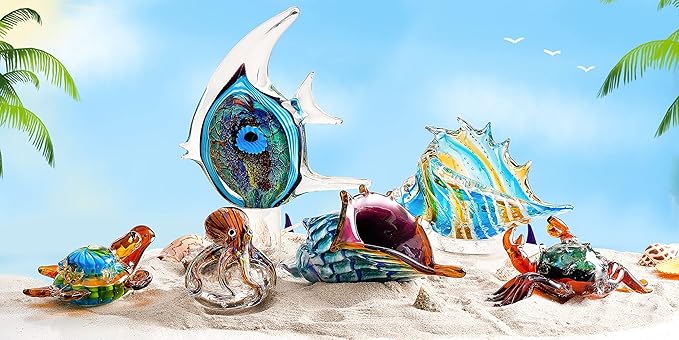 EUSTUMA Hand Blown Glass Conch Figurines Ornament,Sea Animal Ornament for Home Decor,Sea Animals Collection for Birthday Gift,Glass Seashell