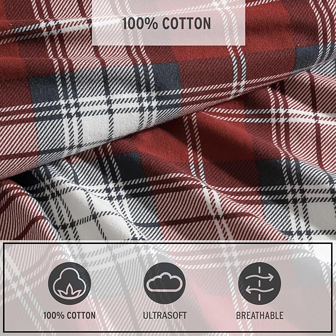 Eddie Bauer - Twin Bed Sheets, Cotton Flannel Bedding Set with Matching Pillowcase, Brushed for Extra Softness, Deep Pocket, Oeko-Tex Certified (Heartland Plaid Red)