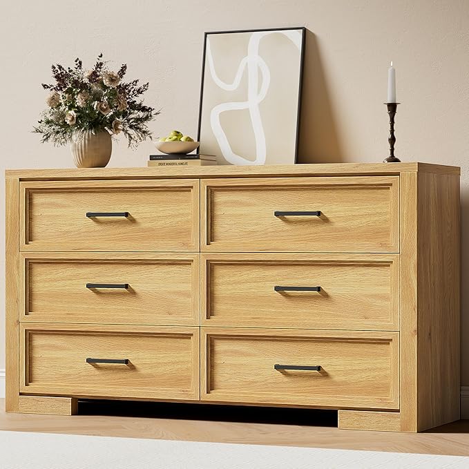 6 Drawer Dresser for Bedroom, 54" Wide Chest of Drawers with Metal Handle, Modern Storage Dressers Organizer for Living Room, Hallway, Natural Oak