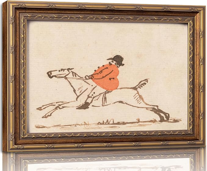 Vintage Gold Framed Hunting Equestrian Canvas Wall Art Horse and Rider Wall Decor Riding Horse painting Picture Retro Rustic Farmhouse print artwork for Farmhouse Bedroom Living Room 16X24in
