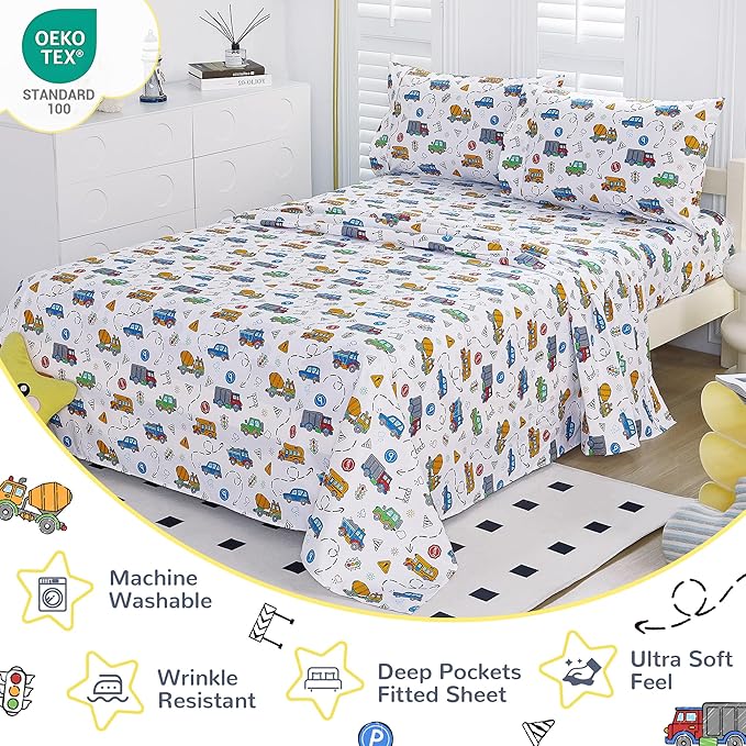 Viviland 3 Pieces Boys White Twin Sheet Set - Soft Microfiber Fitted Flat Sheets & Pillowcase - White Cars Traffic Lights Print Bedding Sets - for Kids & Toddlers