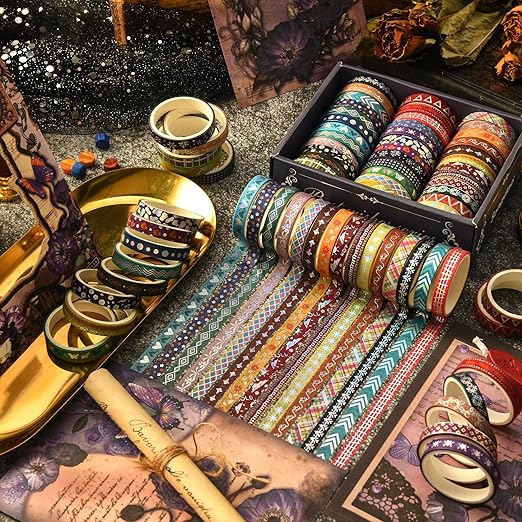 Songdao 36 Rolls Skinny Washi Tape Set Gold Foil Detailing Arts Adhesive Tapes Basic Patterns Decorative Masking Tape Sets for Craft, Kids, Scrapbook, DIY, Gift Wrapping (Colorful Silver)