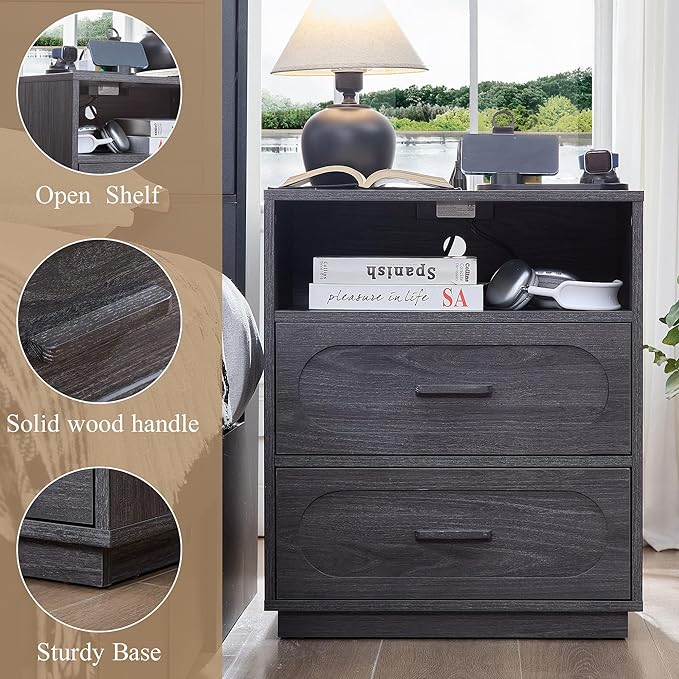 Night Stand Set of 2 with Charging Station, 25.8" Tall Wide Wood End Table with 2 Storage Drawers and Open Shelf, Mid Century Modern Bedside Table for Bedroom, Living Room, Gray