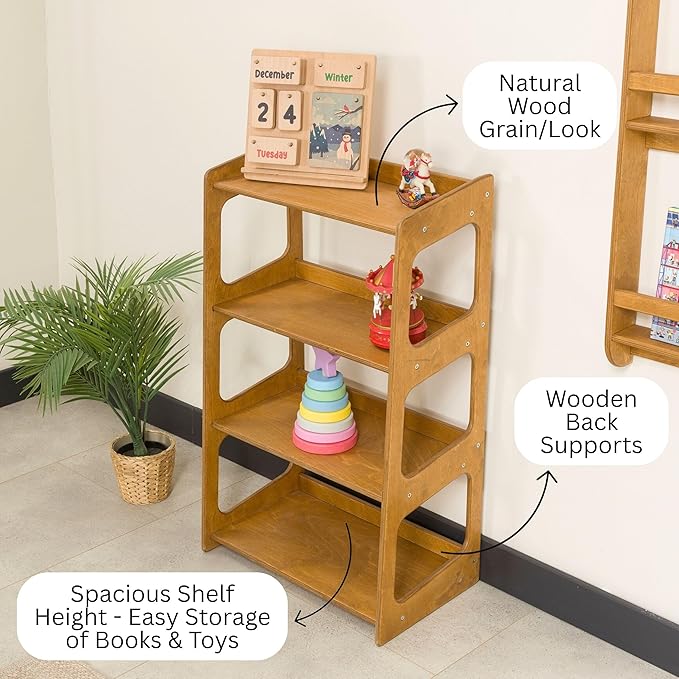 Montessori Bookshelf for Toddlers Solid Wood Toy Storage Shelf Organizer for Playroom and Classroom Floor Bookshelf for Kids Room (Oak, 4-Shelves)