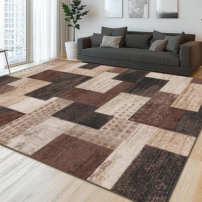 Modern Geometric Patchwork Indoor Area Rug for Living Room, Chocolate 10'x 14' Large Rug Rockwood Collection Hardwood Floors Decor for Bedroom, Brown Throw Carpet for Office Dining Room
