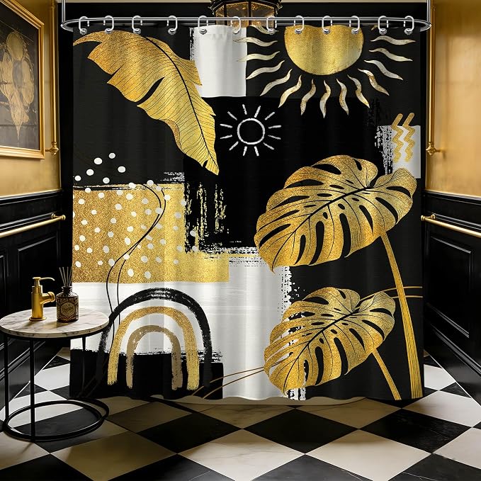 Black and Gold Mid Century Modern Shower Curtain Bohemian Abstract Dark Mens Shower Curtains for Bathroom Decor Sets, Waterproof Cloth Fabric with Hooks, 60x72 Inch