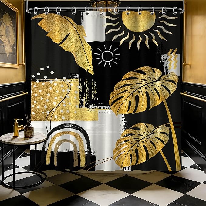 Extra Long Shower Curtain 96 Inchs Extra Tall Black and Gold XL Bohemian Mens Shower Curtains for Large Bathroom Decor Sets, Waterproof Cloth Fabric with Hooks, 70 x 96 Inch