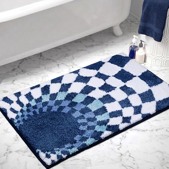 Funky Checkered Bath Mat, Non Slip Absorbent High Pile Tufted Checkerboard Rug for Bathroom Floor, Sink, Blue and White Aesthetic Rug, Machine Washable, 16"x24"