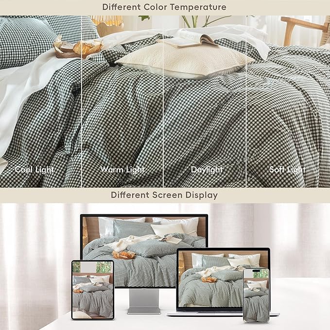 MooMee Gingham Duvet Cover Set 100% Washed Cotton Linen Like Textured Breathable Durable Soft Comfy Modern Checkered Design (Mini Gingham Forest Green, Cal King 104"x98")