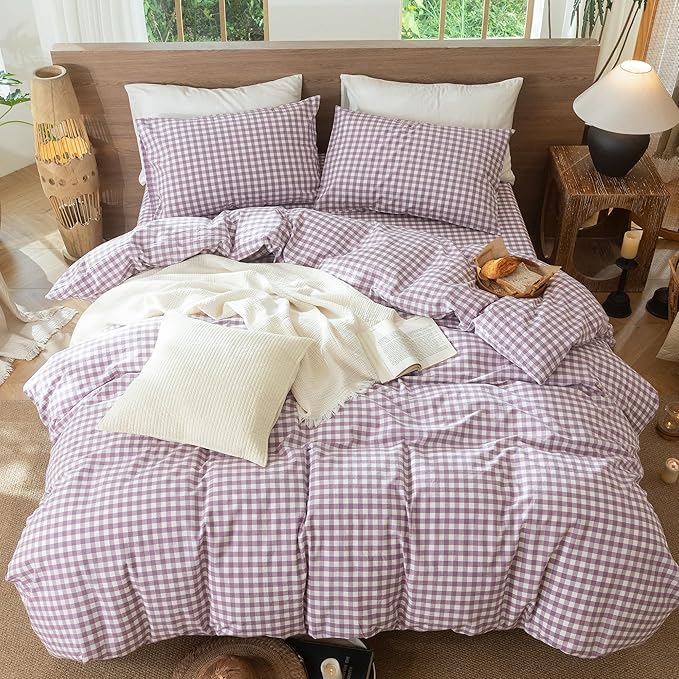 MooMee Gingham Duvet Cover Set 100% Washed Cotton Linen Like Textured Breathable Durable Soft Comfy Modern Checkered Design (Classic Gingham Light Purple, King 104"x90")
