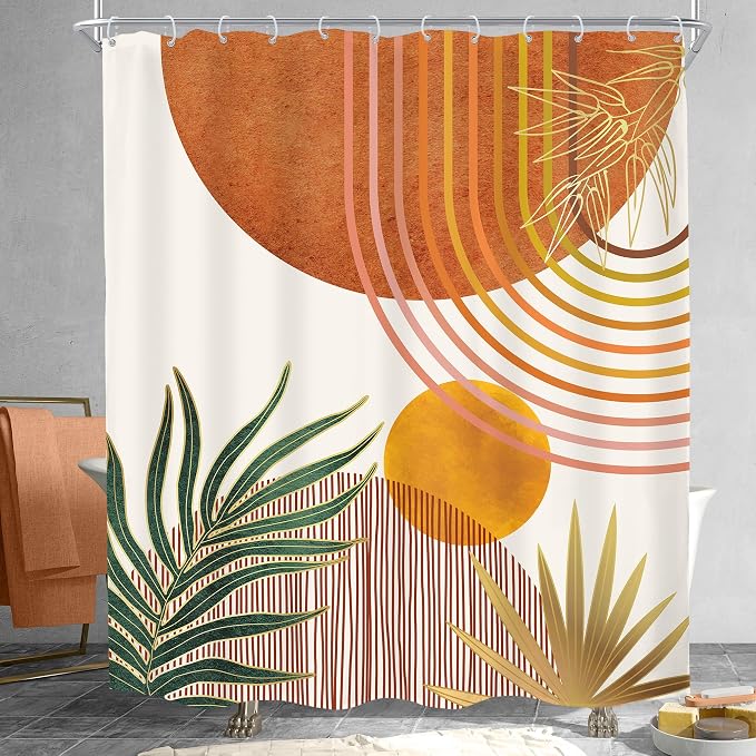KOMLLEX Mid Century Orange Boho Shower Curtain 60Wx72L Inches Abstract Modern Shower Curtains for Bathroom Decor Plant Botanical Minimalist Arch Sun Fabric Liner Waterproof Polyester 12 Pack Hooks