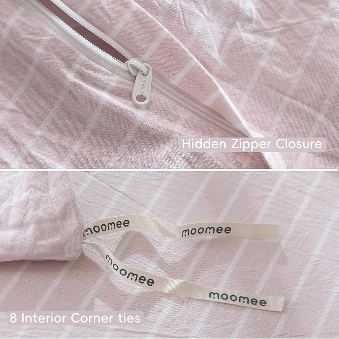 MooMee Striped Duvet Cover Set 100% Washed Cotton Linen Like Textured Breathable Durable Soft Comfy (Heathered Greyish Pink White Wide Stripes, Palatial King/Oversized King 120"x98")