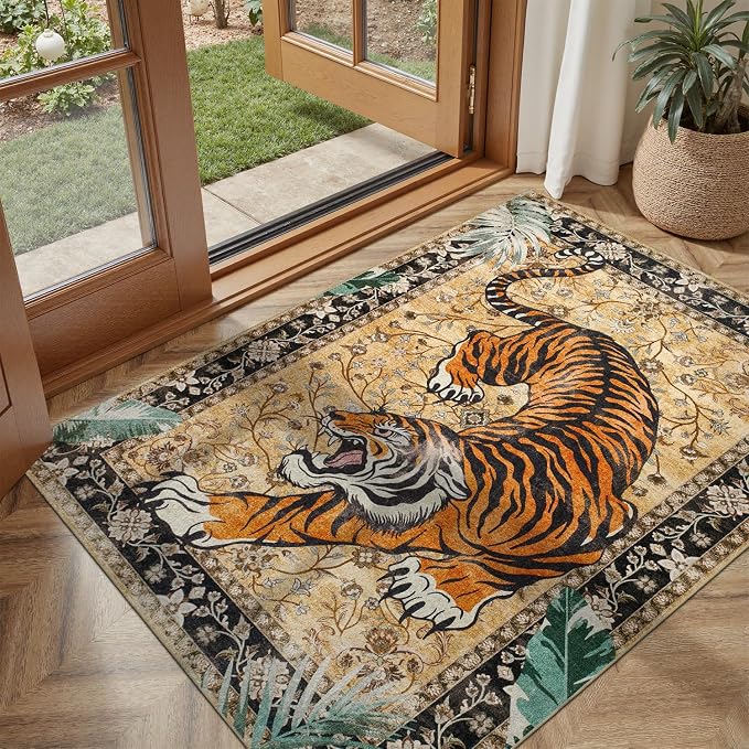 DCX Washable 3x5 Tiger Rug, Brown Vintage Animal Rug for Entryway, Soft Low Pile Carpet, Kid & Pet Friendly with Rubber Back Non Slip, Stain Resistant Rug for Bedroom, Laundry, Bathroom