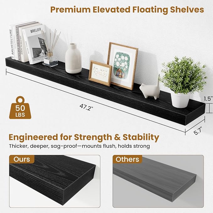 Fun Memories Floating Shelves 48 Inch, Extra Large Wood Shelf Set of 2, Hanging Wall Shelves for Bathroom, Living Room, Kitchen, Bedroom, Black