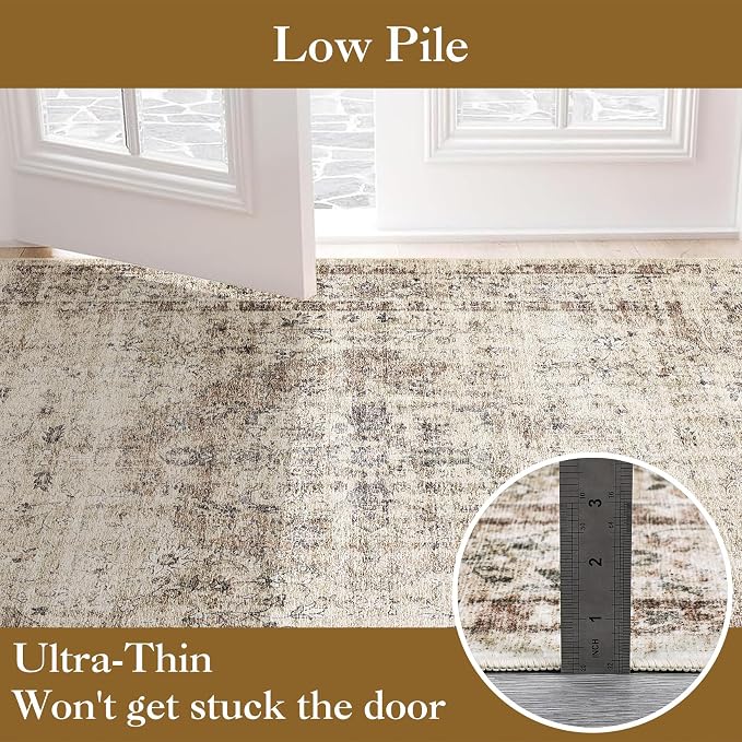 Washable Boho 10x13 Area Rug for Living Room Low Pile Soft Bedroom Rugs Non Slip Distressed Medal Print Large Indoor Carpet Thin Foldable Boho Vintage Carpet for Playroom Farmhouse, Brown