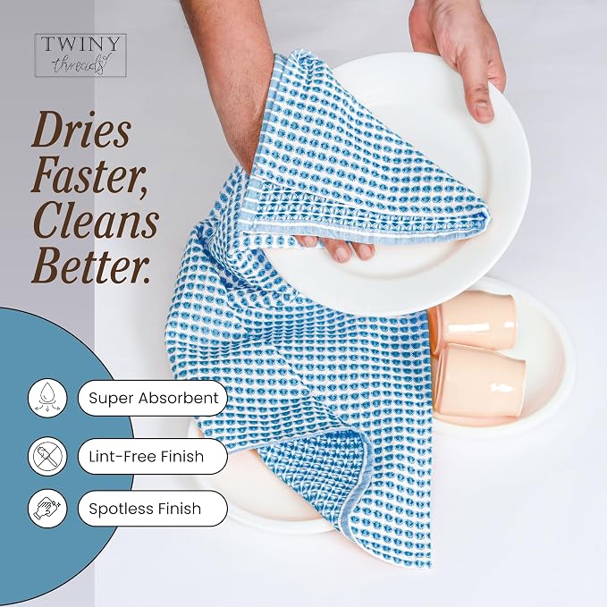 TWINY threads Circle Waffle Dish Towels 4 Pack, 16x26 Inches, 100% Cotton, Premium, Heavy Duty, Soft Touch, Waffle Weave Tea Cloths, Excellent for Wiping Counters, Washing Dishes, Turquoise Blue