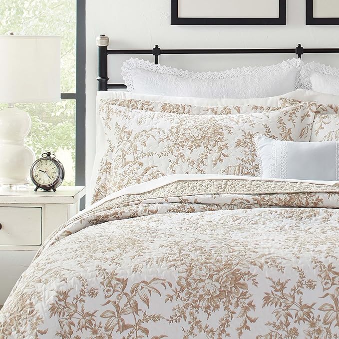 Laura Ashley - Queen Quilt Set, Reversible Cotton Bedding with Matching Shams, Home Decor for All Seasons (Bedford Mocha, Queen)