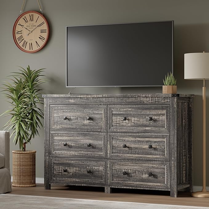 6-Drawer Dresser, Modern Wooden Storage Chest of Drawers, Dresser TV Stand, Wood Drawer Organizer with Metal Handles for Bedroom, Living Room, Hallway