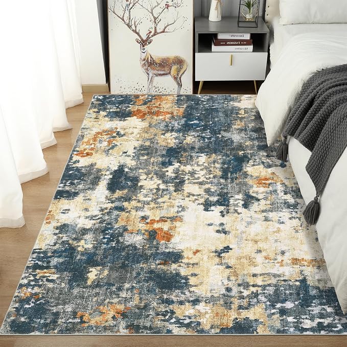 Washable 5x7 Area Rugs for Living Room Low Pile Small Carpet Soft Bedroom Rug Modern Abstract Carpet Non Shedding Thin Colorful Carpets Contemporary Floor Mats for Kitchen Nursery, Blue Yellow
