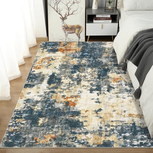 Washable 5x7 Area Rugs for Living Room Low Pile Small Carpet Soft Bedroom Rug Modern Abstract Carpet Non Shedding Thin Colorful Carpets Contemporary Floor Mats for Kitchen Nursery, Blue Yellow