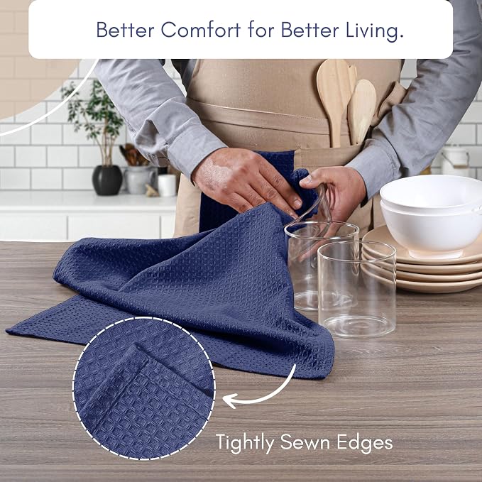 TWINY threads Kitchen Dish Towels Set of 12, 100% Cotton Waffle Weave, Absorbent Dishcloth & Tea Towel with Hanging Loop, Reusable for Table Cleaning, Quick Drying - 16x26 Inches - Indigo Blue