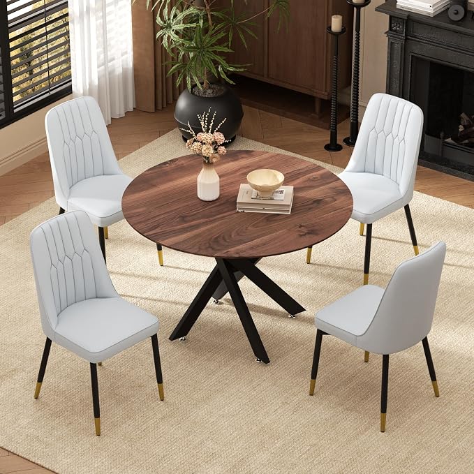 RGZ Mid Century Walnut Round Dining Table Set for 4, 36" Small Wooden Circle Kitchen Table & 4 Light Gray PU Leather Kitchen Chairs, Dinner Table Set for Home, Apartment, Dining Room