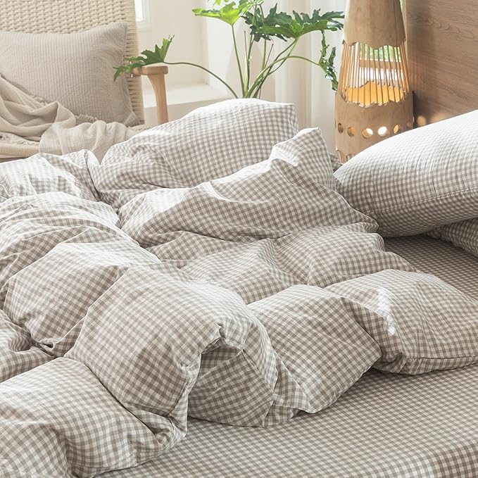 MooMee Gingham Duvet Cover Set 100% Washed Cotton Linen Like Textured Breathable Durable Soft Comfy Modern Checkered Design (Mini Gingham Tannish Linen Grey, Queen 90"x90")