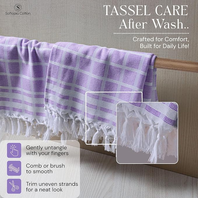 Matrix Dobby Kitchen Towels 4 Pack, 16x26 Inches, 100% Cotton, Absorbent Reusable Dish Cloths with Handmade Tassels, Washable Hand Towels for Drying - Lavender, White