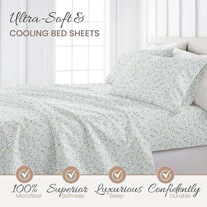 Linen Market Patterned Microfiber Queen Sheet Set 4 Piece – Oeko-TEX Certified Ultra Soft & Wrinkle-Free - 16" Deep Pocket Sheets - Easy Care Queen Size - Wildflower Light Blue