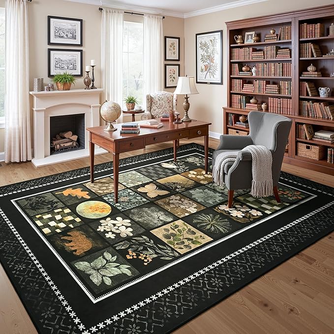Tepook 6x9 Area Rugs for Living Room, Modern Large Geometric Rug for Bedroom, Washable Patchwork Rug Indoor Non Slip Throw Carpets for Dining Room Office Farmhouse Home Decor, Black