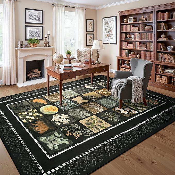 Tepook 5x7 Area Rugs for Living Room, Modern Large Geometric Rug for Bedroom, Washable Patchwork Rug Indoor Non Slip Throw Carpets for Dining Room Office Farmhouse Home Decor, Black