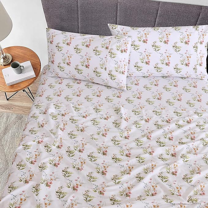 RUVANTI 100% Cotton Split King Sheets Sets for Adjustable Bed, 5 PCs, Soft & Breathable Percale Weave Bedding, Deep Pocket 16", Hotel Standard, Crisp Cool Feel & Durable, Floral Sheet, Floral Bliss