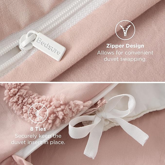Bedsure Boho Duvet Cover King Size - Rose Pink Tufted Boho Bedding, Farmhouse Shabby Chic Embroidery Bedding for All Seasons, 3 Pieces, 1 Soft Jacquard King Comforter Cover and 2 Pillow Shams